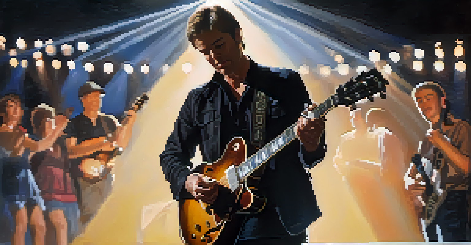 A solo musician performing on stage with a guitar, highlighted by a soft spotlight while the audience is blurred in the background.
