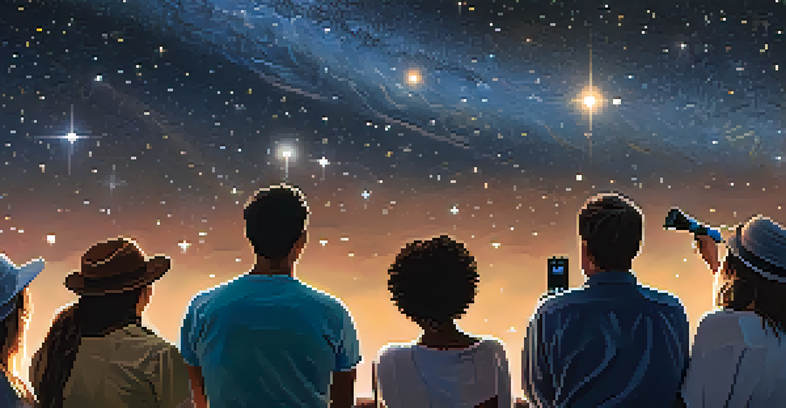 A diverse group of people at a stargazing event in Phoenix, looking through telescopes under a starry sky.
