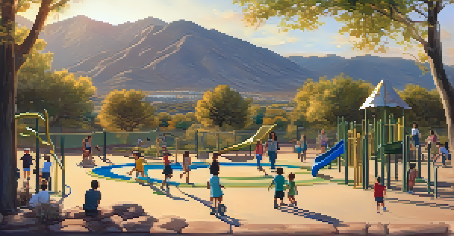 Children playing on a creative playground in South Mountain Park, with trails and natural scenery in the background.