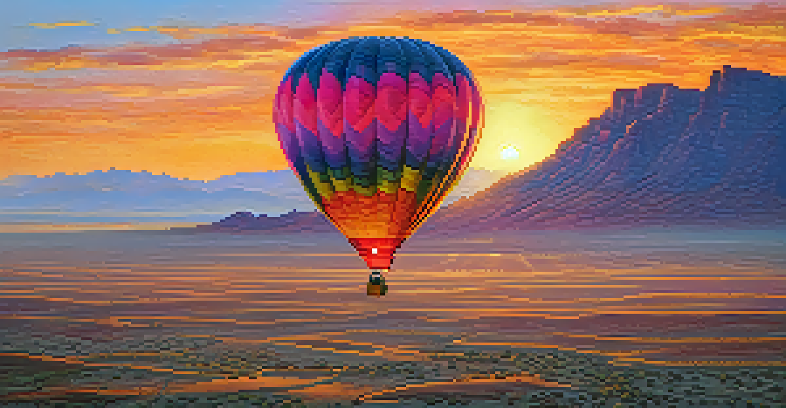 A colorful hot air balloon rising over the Phoenix desert at sunrise, with a colorful sky and desert landscape below.
