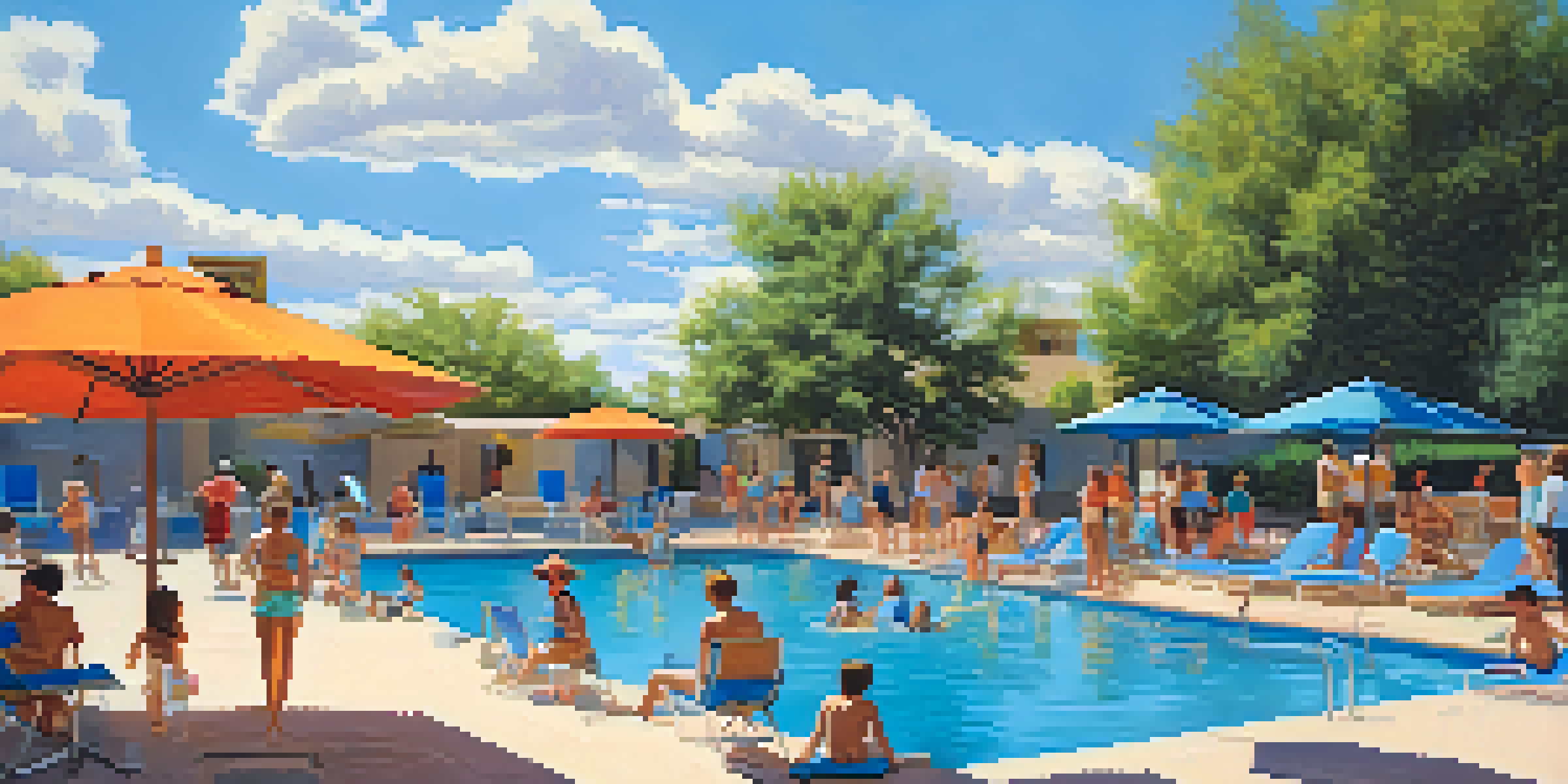 A lively public pool in Phoenix with children playing and adults relaxing under umbrellas on a sunny day.