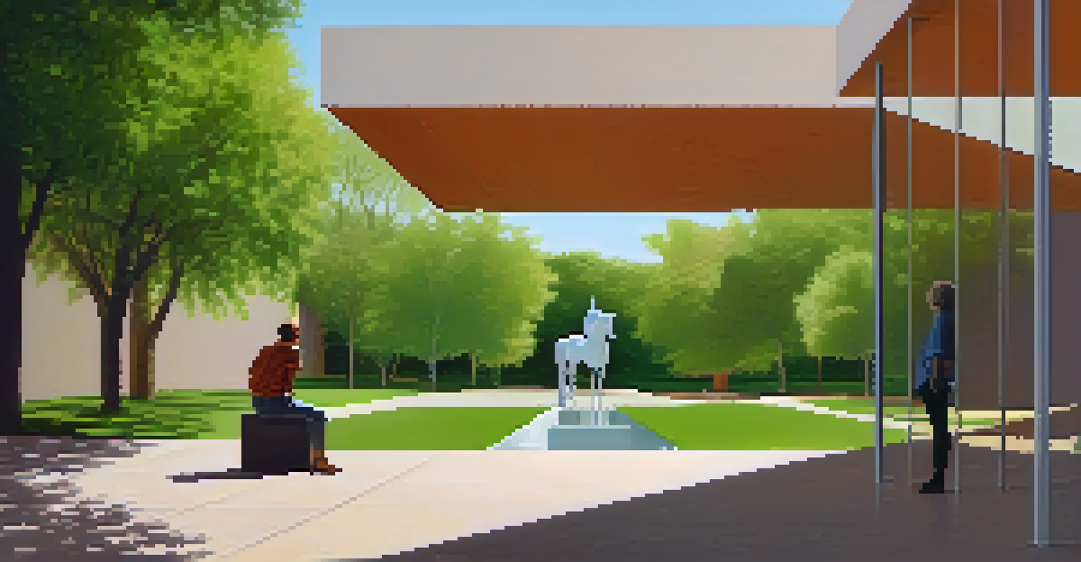 The Phoenix Art Museum gardens with the 'Horse and Rider' sculpture surrounded by greenery and visitors.