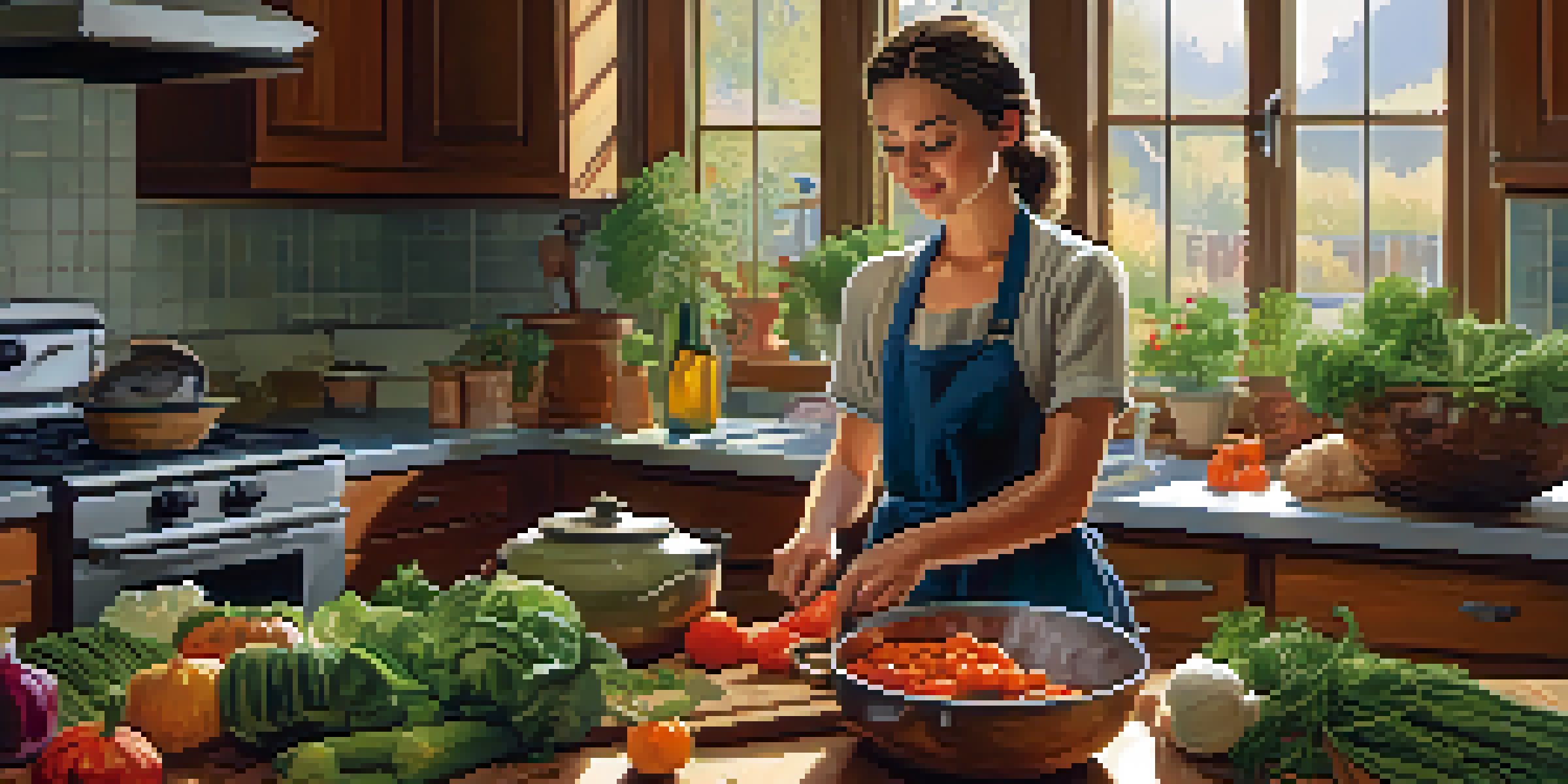 A young adult in a cozy kitchen, chopping vegetables on a cutting board, with herbs and a pot on the stove.