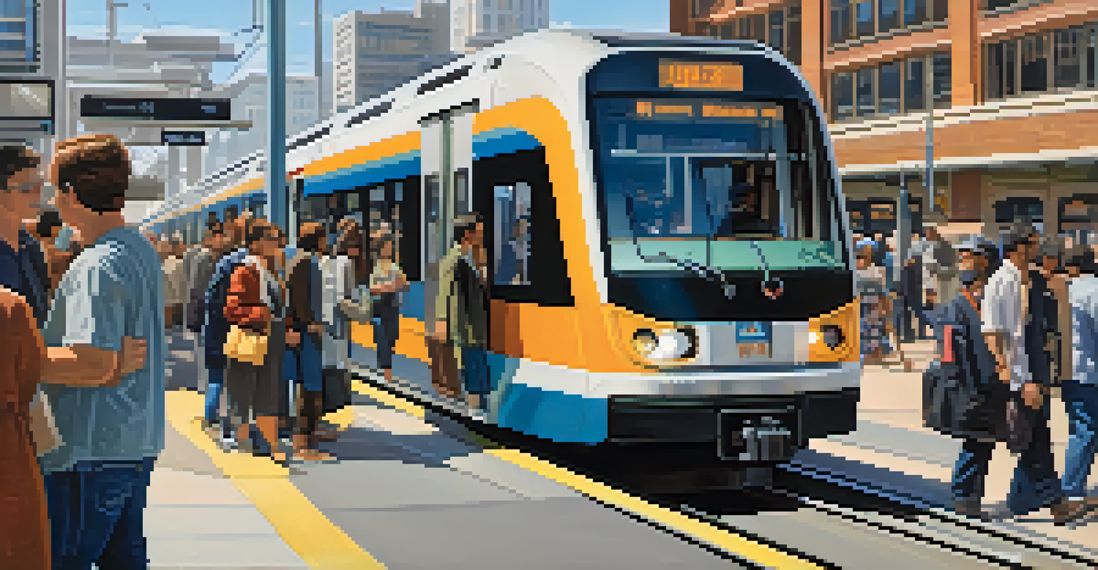 A modern light rail train at a busy station in Phoenix with passengers boarding and a vibrant city backdrop.