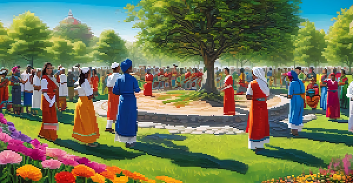 A diverse group of volunteers planting trees while locals perform a traditional dance in a sunny park.