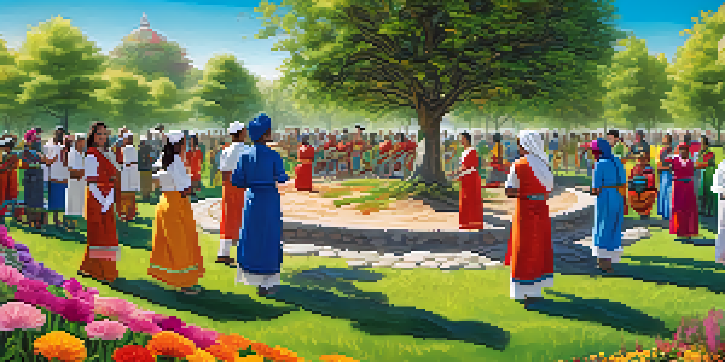 A diverse group of volunteers planting trees while locals perform a traditional dance in a sunny park.