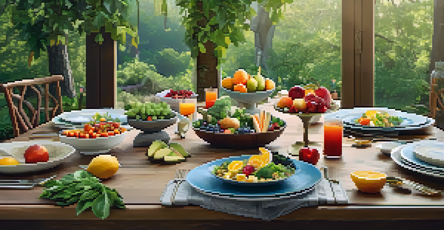A dining table set with healthy dishes featuring fresh fruits and vegetables in a natural setting.