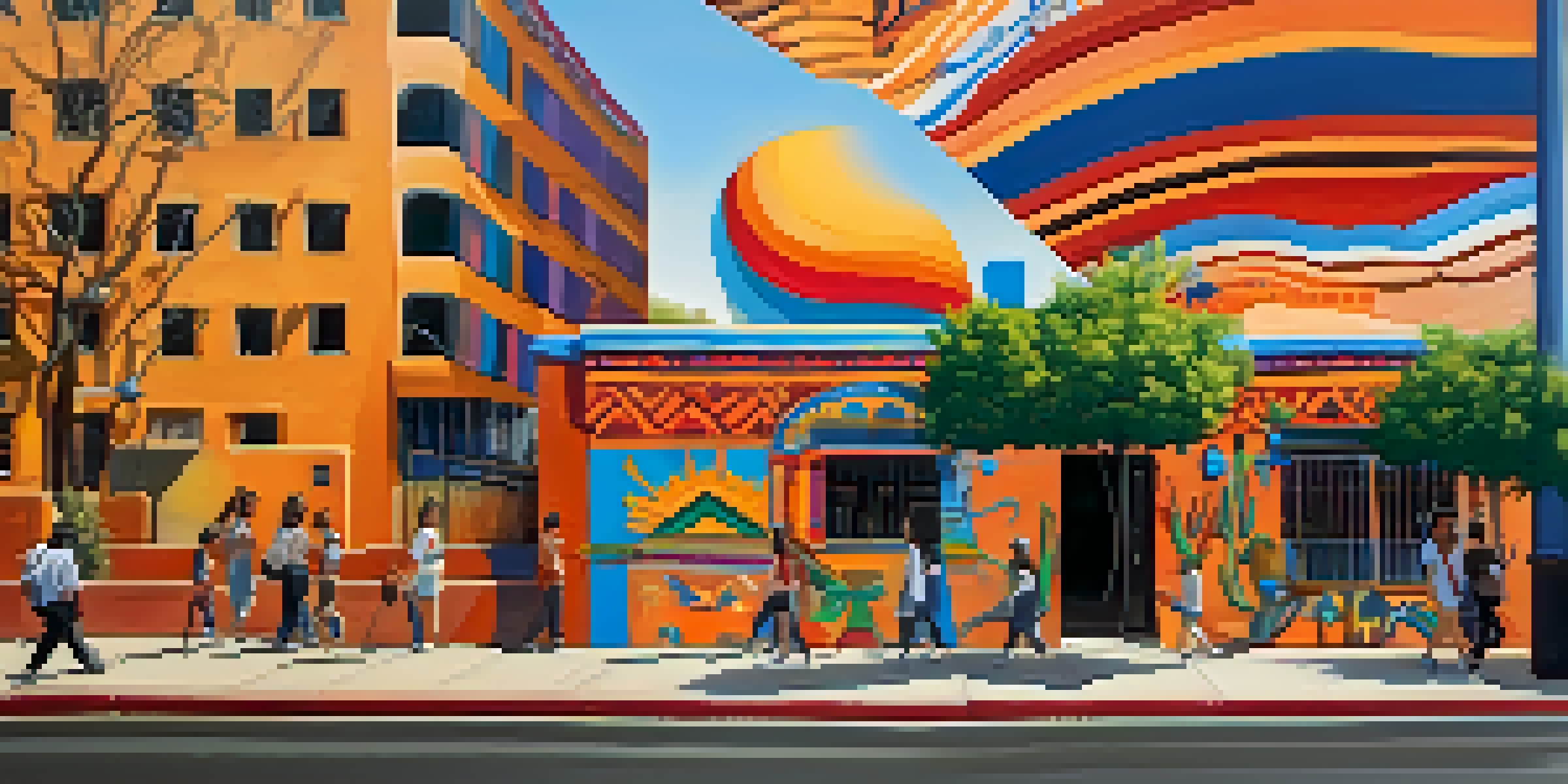 A colorful mural in Phoenix depicting cultural heritage, with people walking by under a sunny sky.