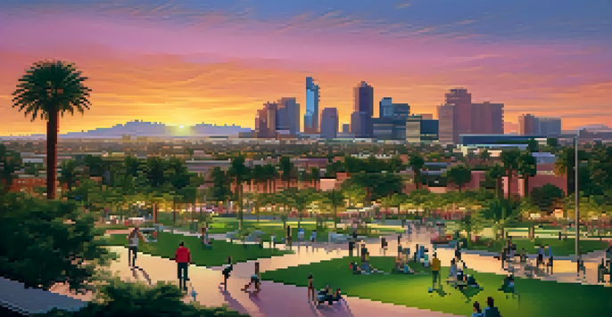 A colorful sunset over the Phoenix skyline, featuring modern buildings and green parks with people engaging in outdoor activities.