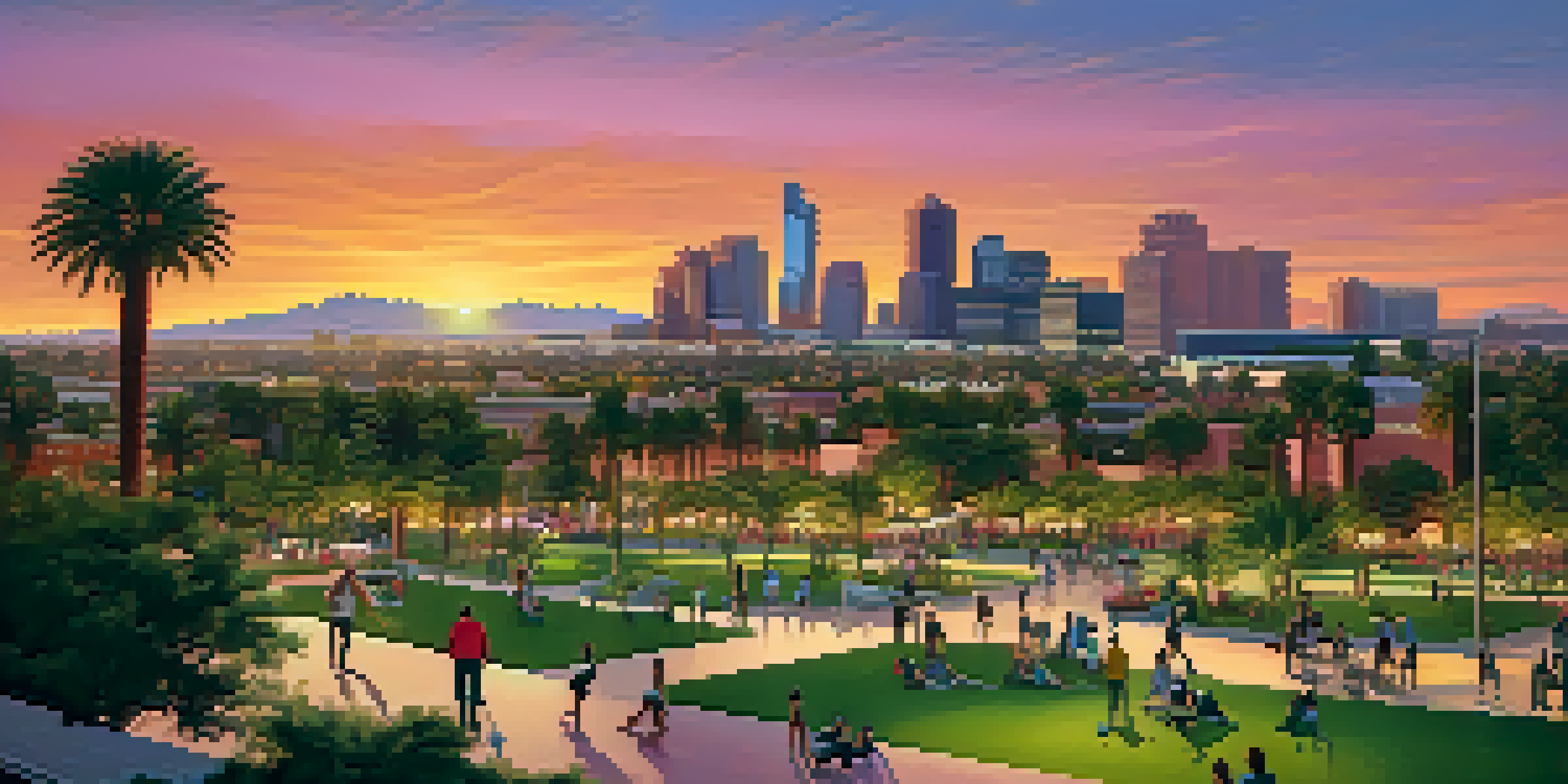 A colorful sunset over the Phoenix skyline, featuring modern buildings and green parks with people engaging in outdoor activities.