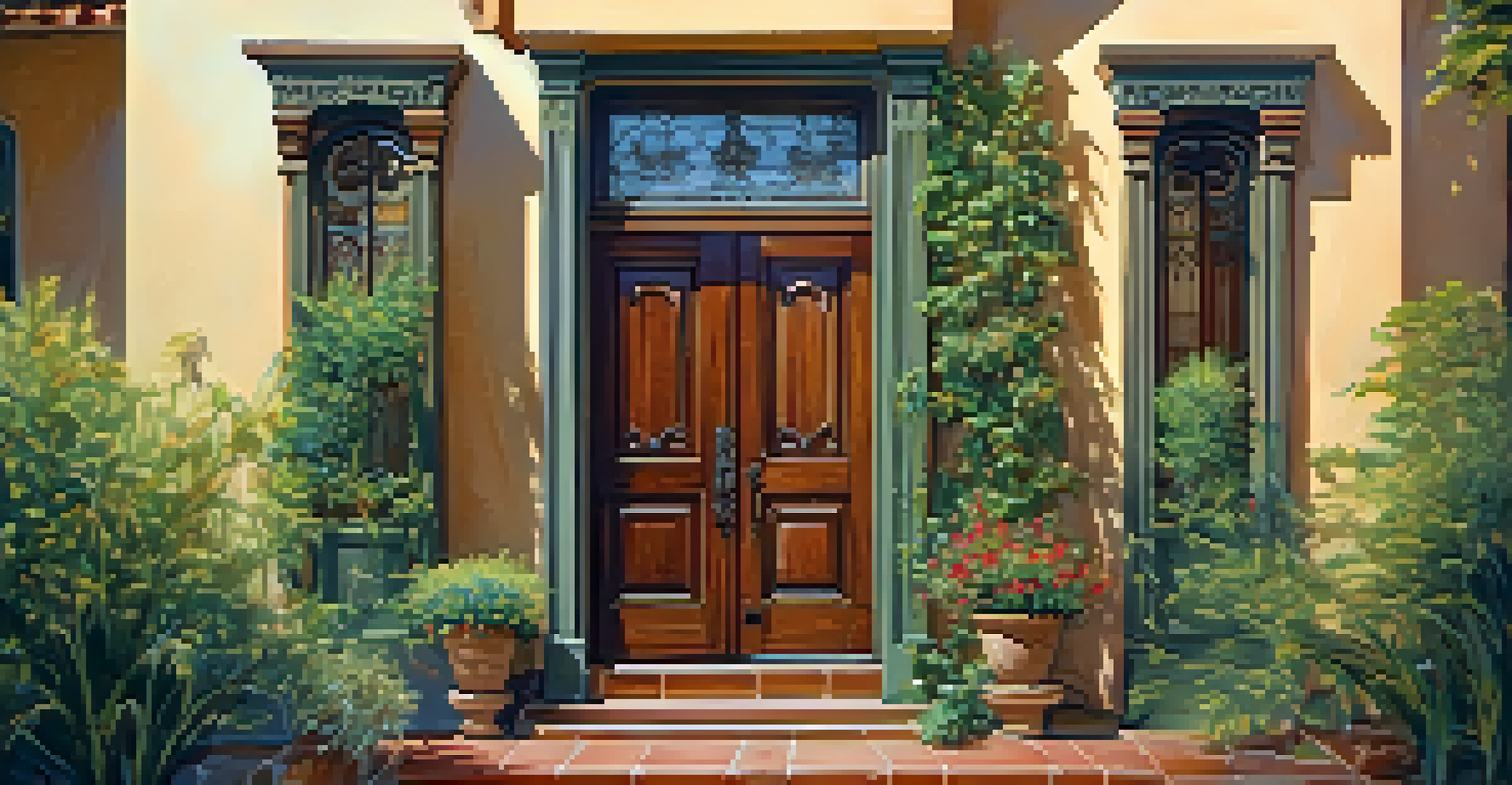 A close-up of a wooden door with intricate carvings, surrounded by flowers in a historic neighborhood.
