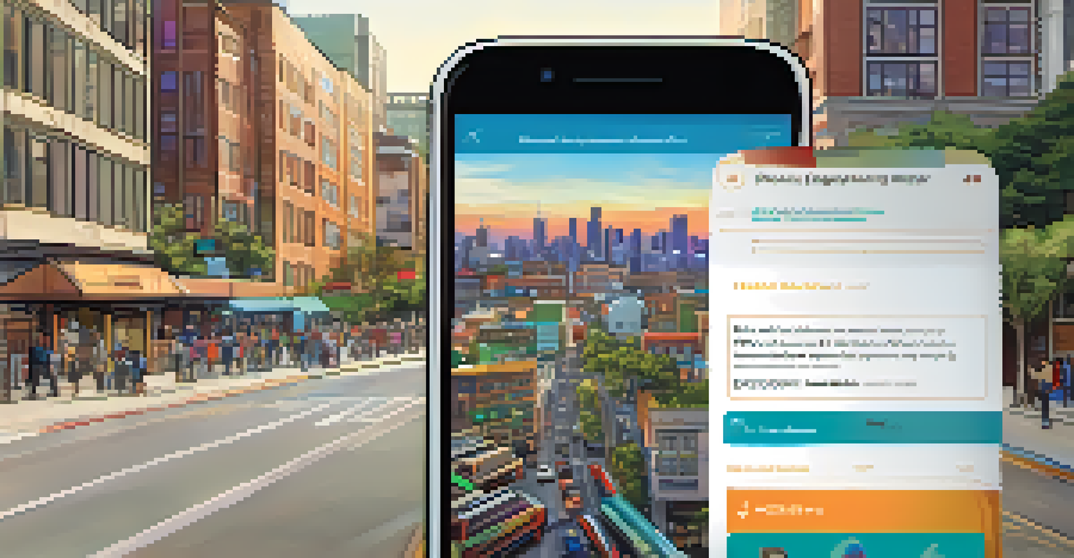 A close-up of the 'Phoenix Engage' mobile app on a smartphone with a busy urban neighborhood in the background.