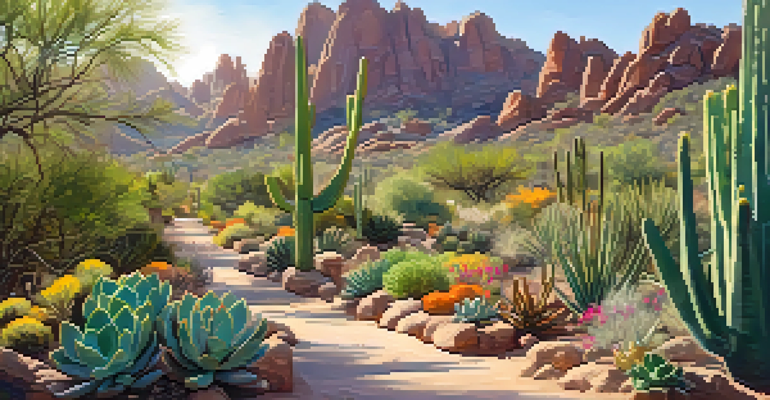 Visitors walking through the Desert Botanical Garden on well-maintained trails surrounded by colorful desert plants.