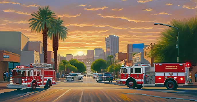A community safety event in Phoenix with firefighters and residents, set against a sunset skyline.