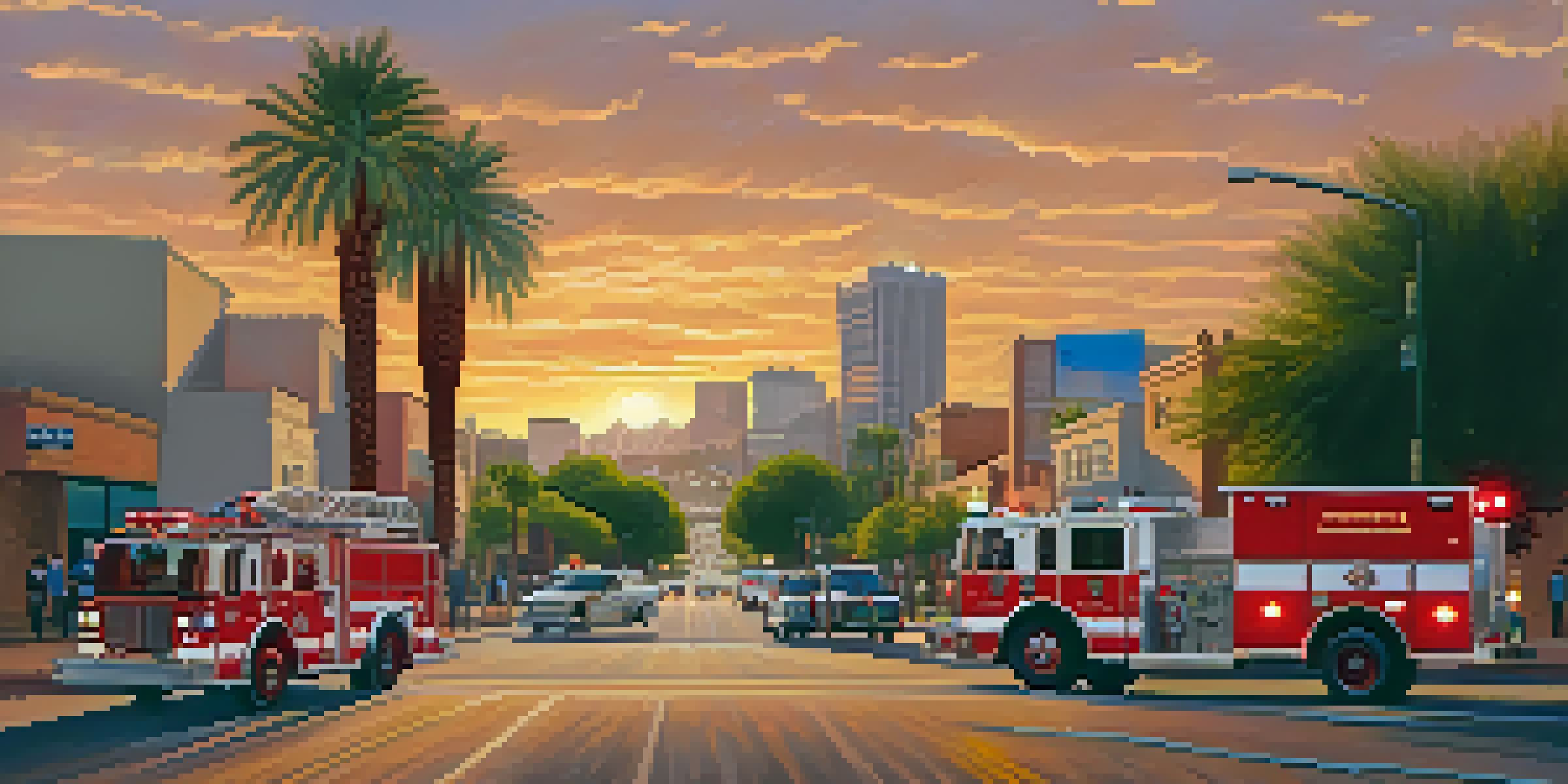 A community safety event in Phoenix with firefighters and residents, set against a sunset skyline.