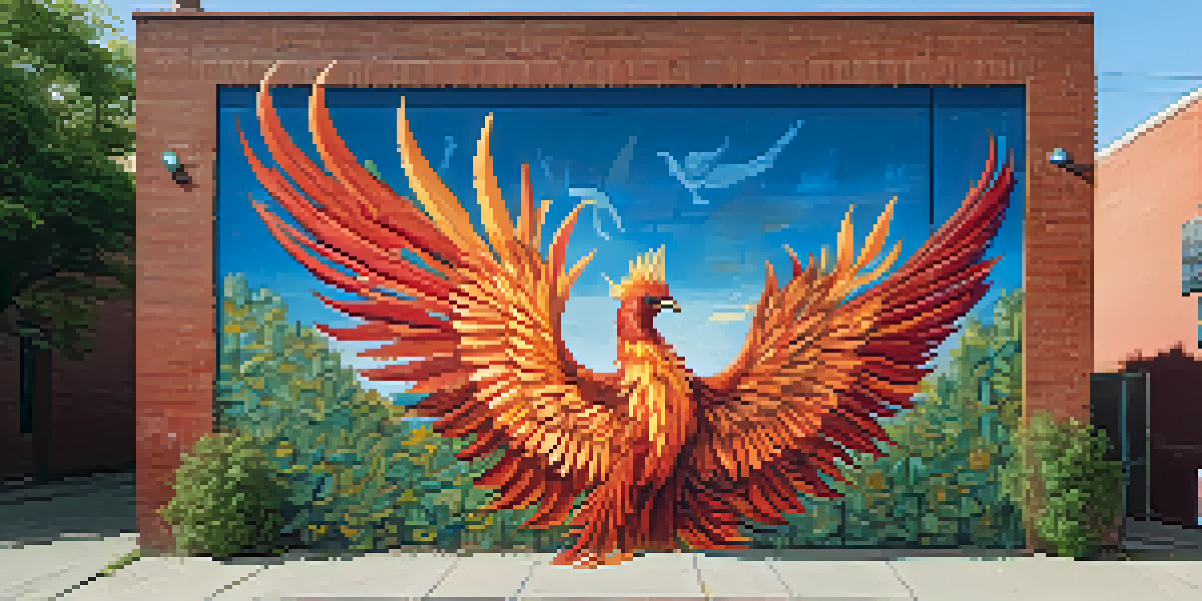 A colorful mural depicting a phoenix rising with vivid red, orange, and gold feathers, located on a brick wall in an urban setting.