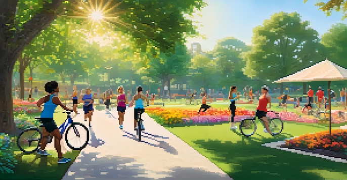 A diverse group of people exercising outdoors in a park, with activities like jogging and yoga amidst greenery and flowers.