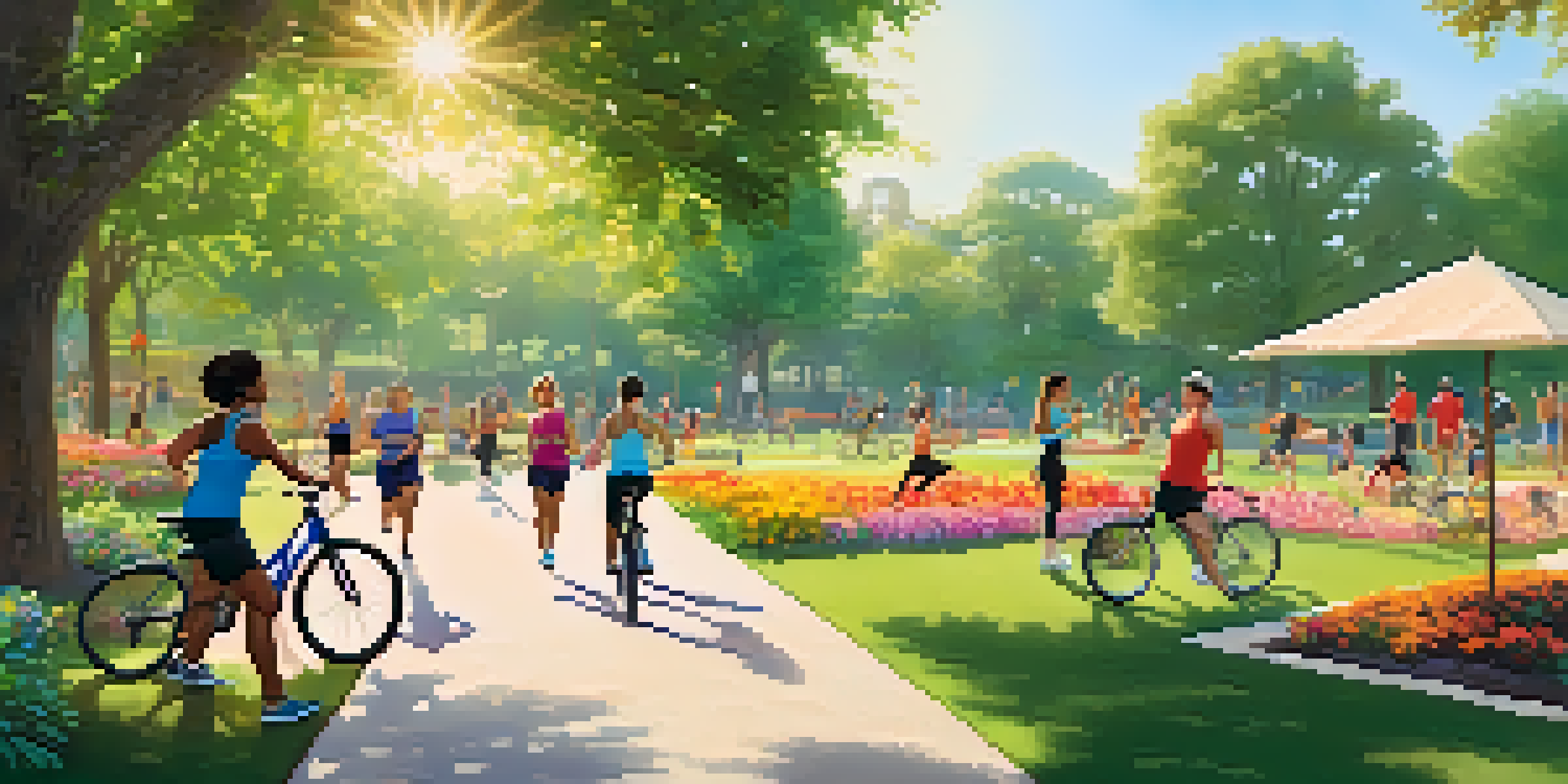 A diverse group of people exercising outdoors in a park, with activities like jogging and yoga amidst greenery and flowers.