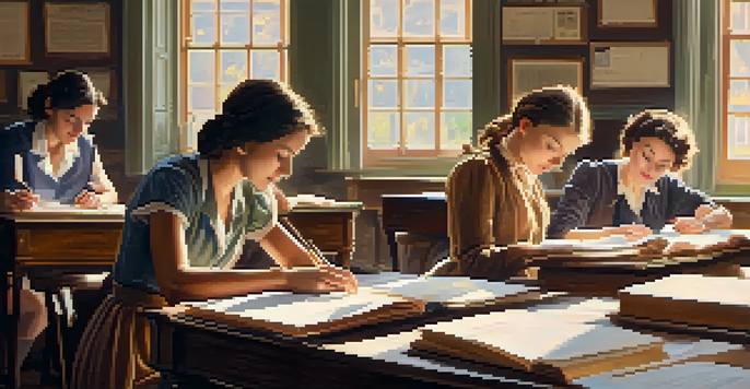 A vintage classroom with women studying together, illuminated by soft sunlight.