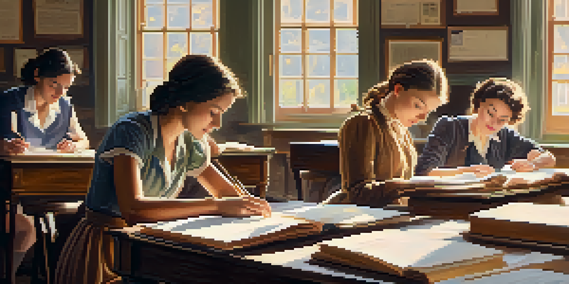 A vintage classroom with women studying together, illuminated by soft sunlight.