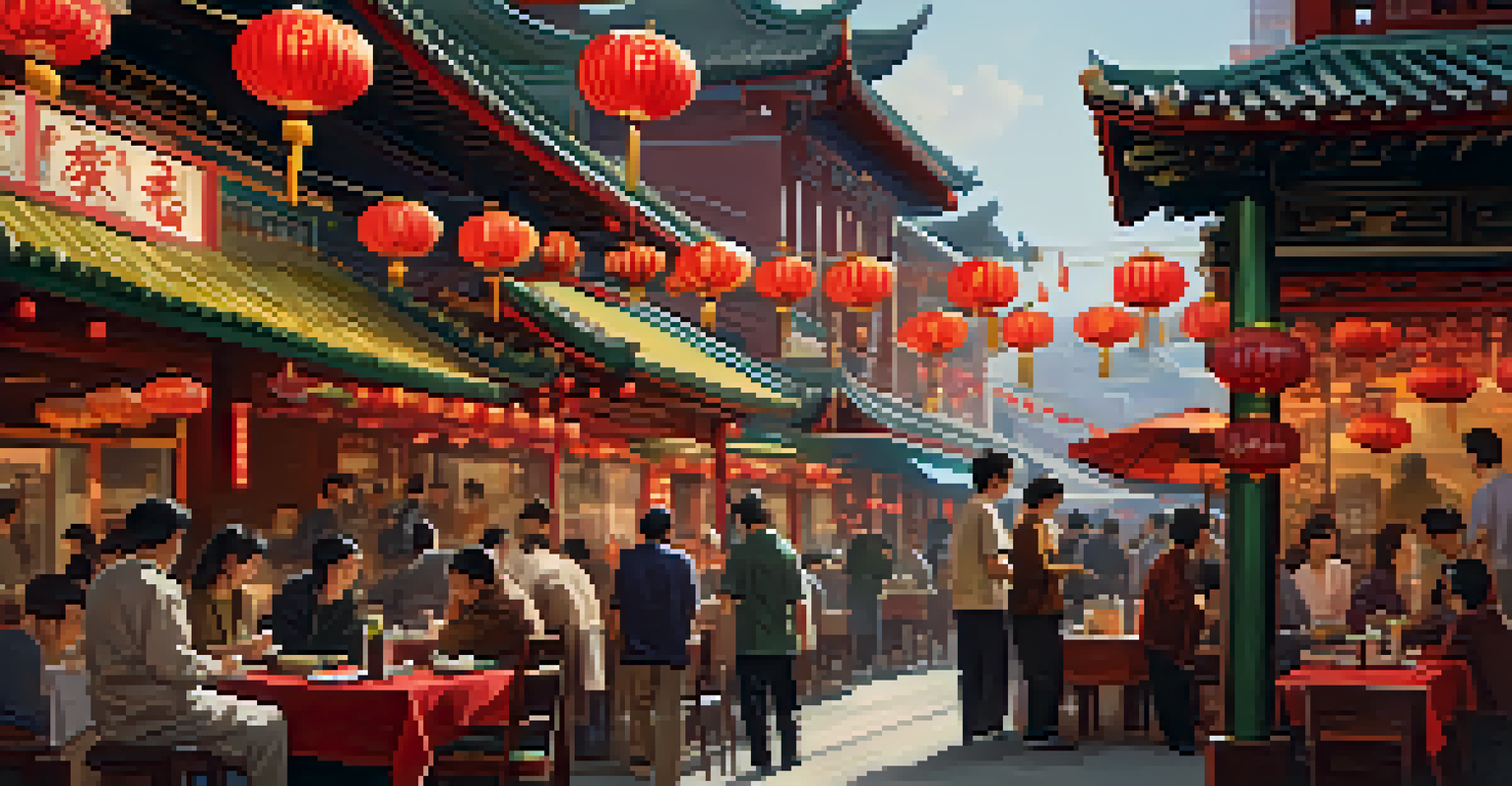 A vibrant Chinatown with outdoor dining, Asian lanterns, and people enjoying dim sum at tables surrounded by colorful banners.