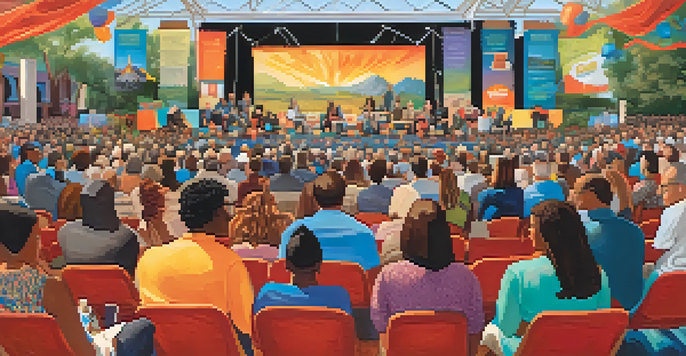 A lively book festival in Phoenix with authors on a panel and an engaged audience, colorful decorations and warm lighting create an inviting atmosphere.