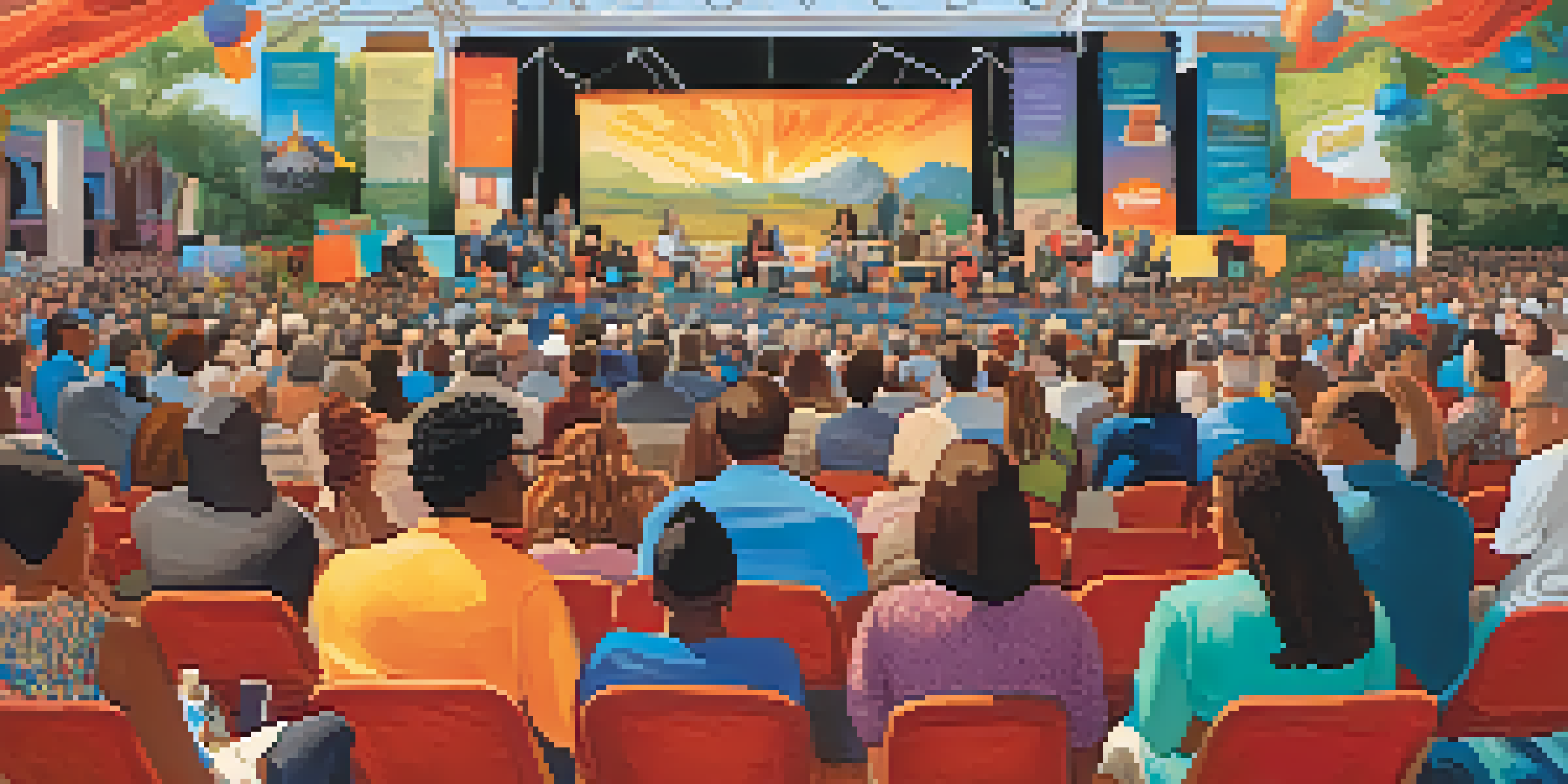 A lively book festival in Phoenix with authors on a panel and an engaged audience, colorful decorations and warm lighting create an inviting atmosphere.