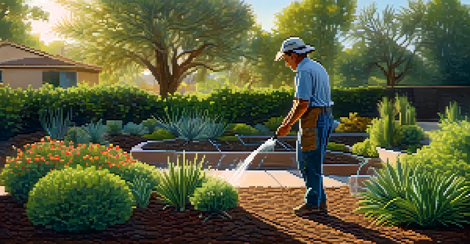 A gardener watering plants in an early morning Phoenix garden with a drip irrigation system, surrounded by greenery and shade trees.