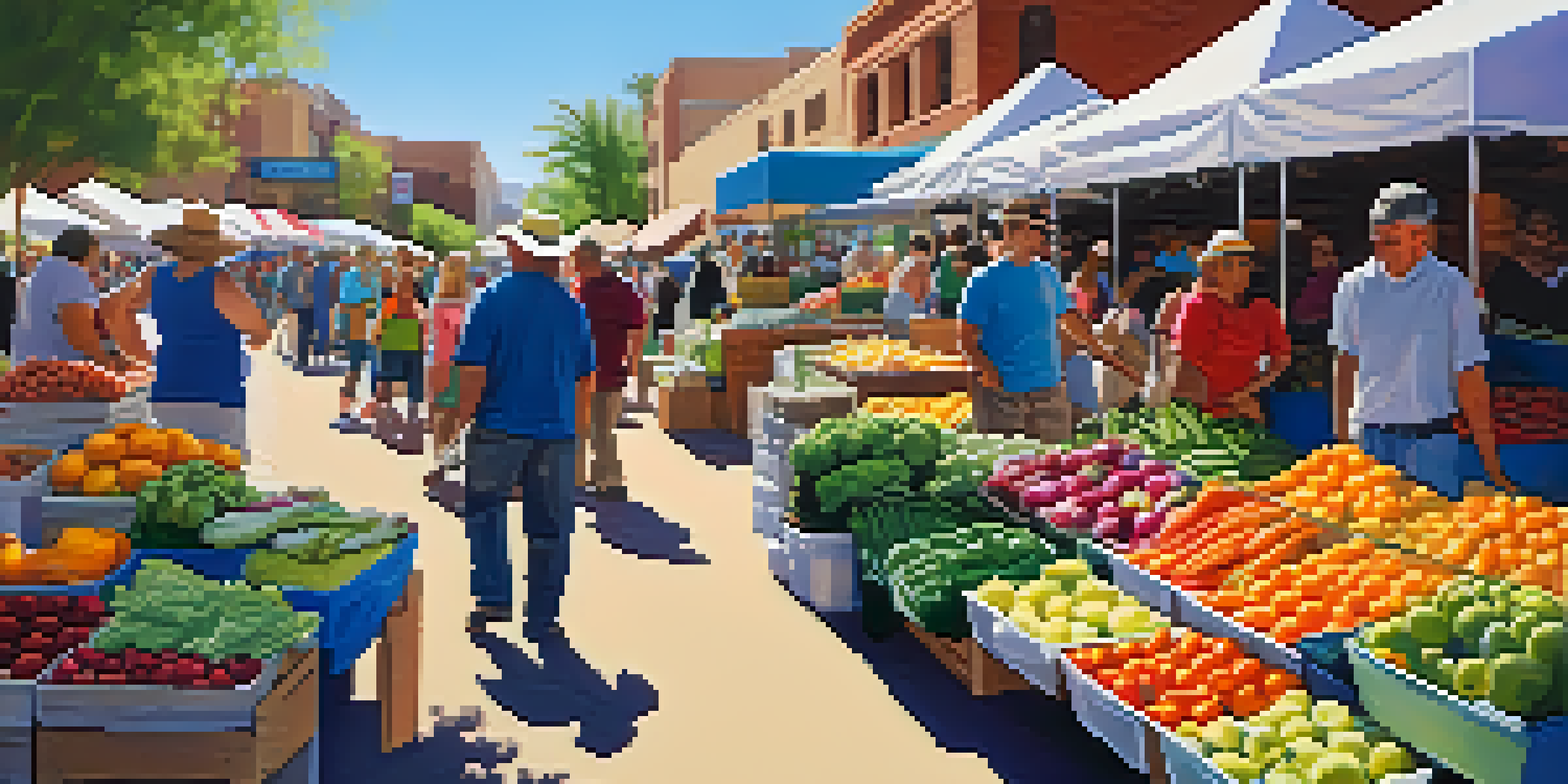 A bustling farmers' market in Phoenix with diverse people shopping for fresh produce under a sunny sky.