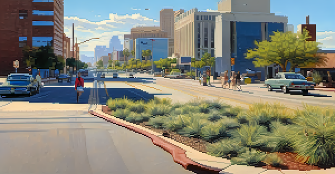 A bright and sunny urban landscape in Phoenix with asphalt roads and limited vegetation, showcasing the Urban Heat Island effect.