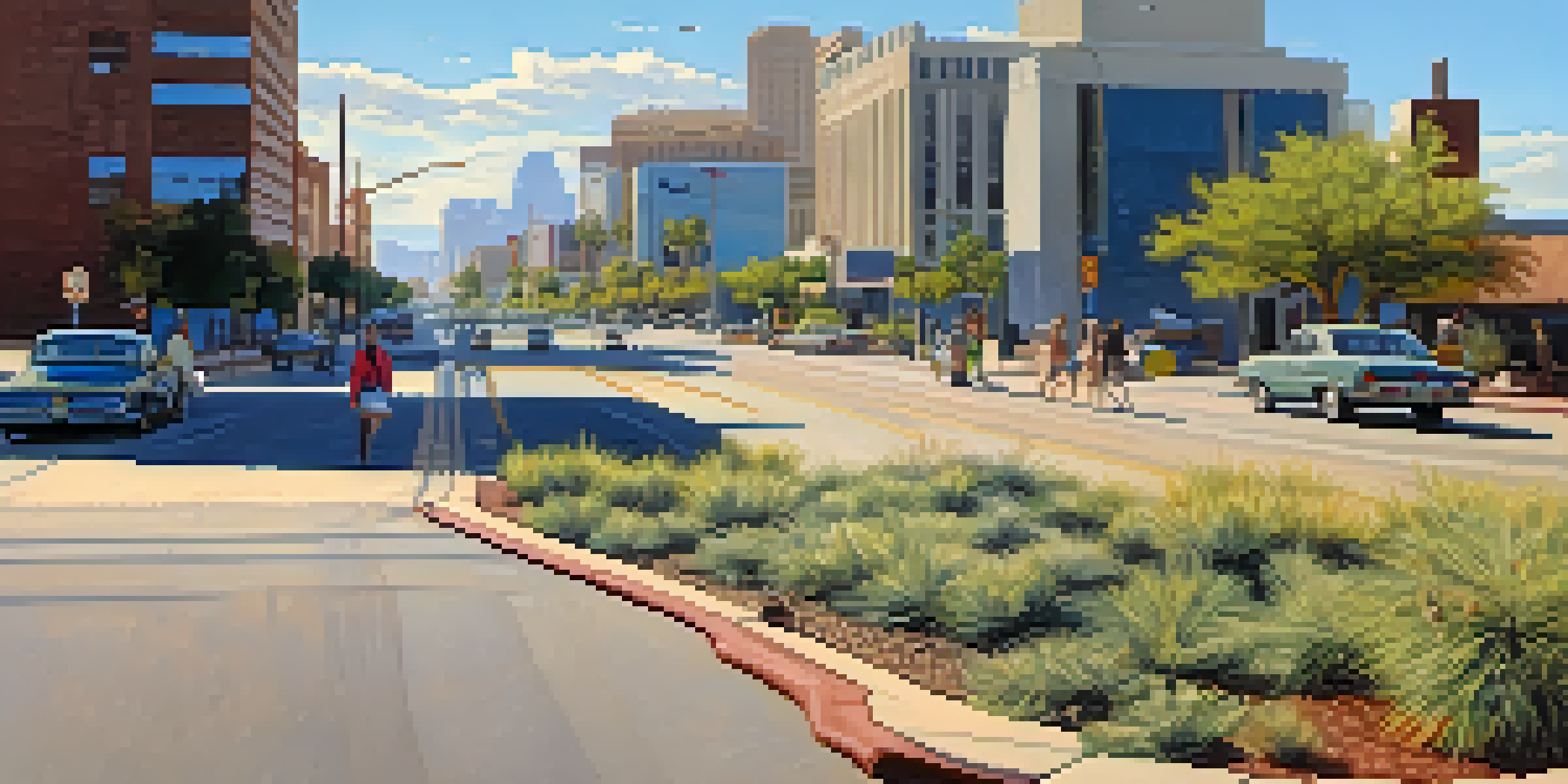 A bright and sunny urban landscape in Phoenix with asphalt roads and limited vegetation, showcasing the Urban Heat Island effect.