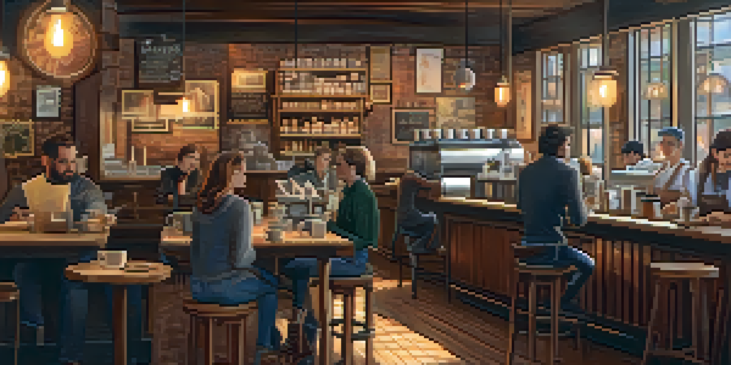 A cozy coffee shop with vintage decor and customers enjoying coffee and conversation.