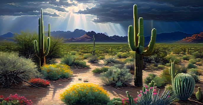 A colorful desert scene in Phoenix during monsoon season, with dark storm clouds, sunlight, and blooming wildflowers around a saguaro cactus.