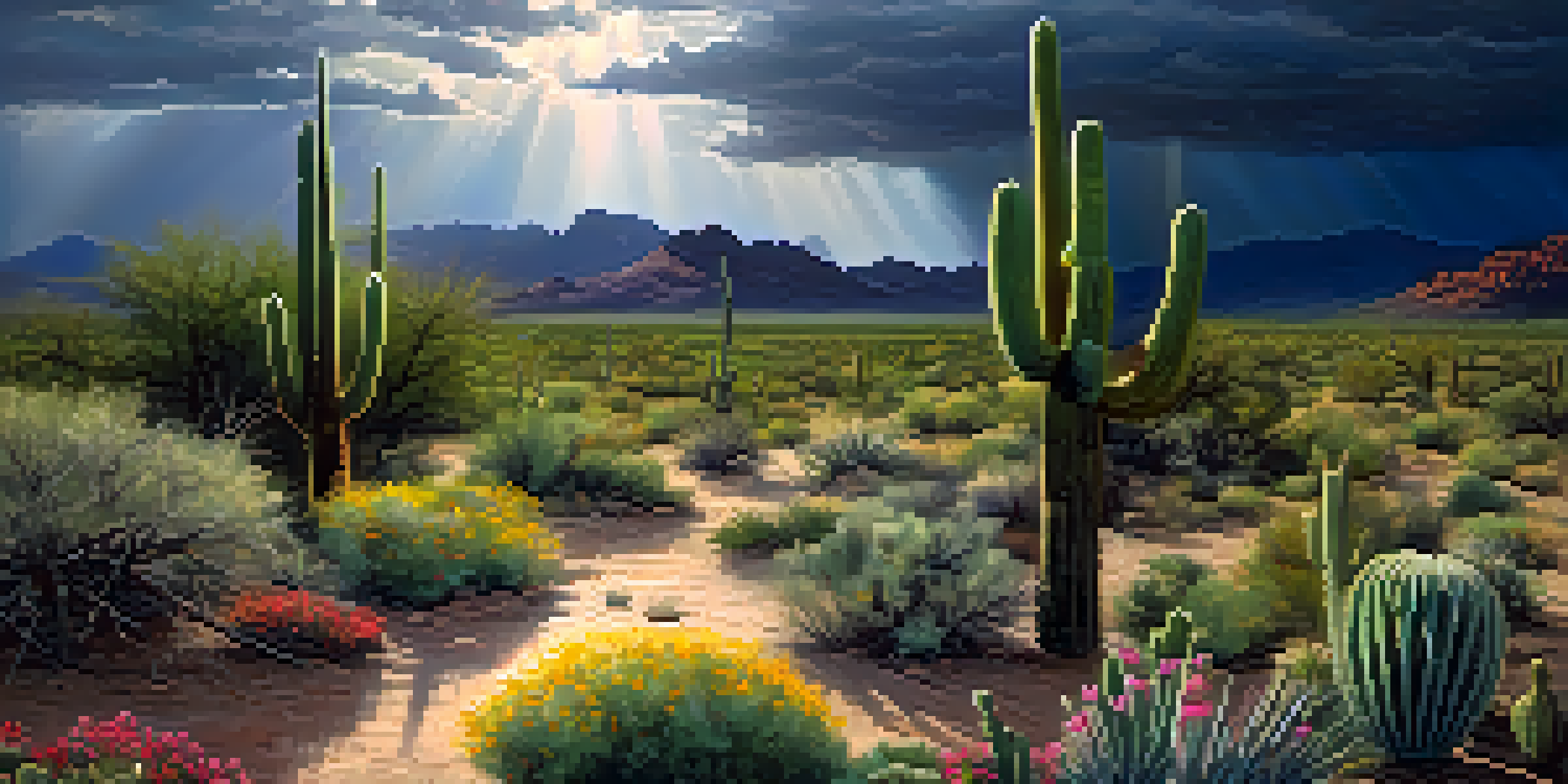 A colorful desert scene in Phoenix during monsoon season, with dark storm clouds, sunlight, and blooming wildflowers around a saguaro cactus.