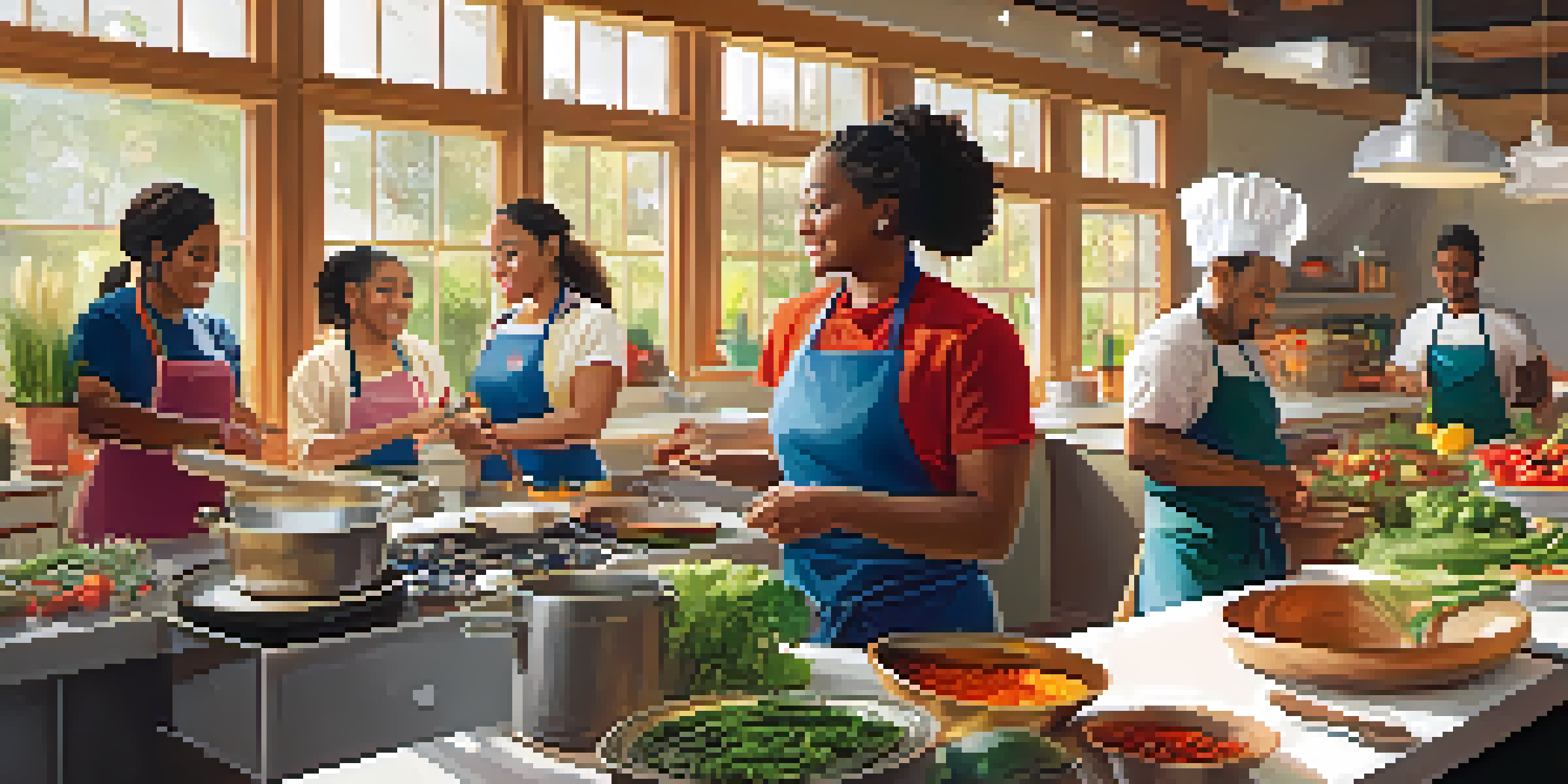 A lively cooking class in Phoenix with diverse participants learning from a professional chef, surrounded by fresh ingredients and sunlight.