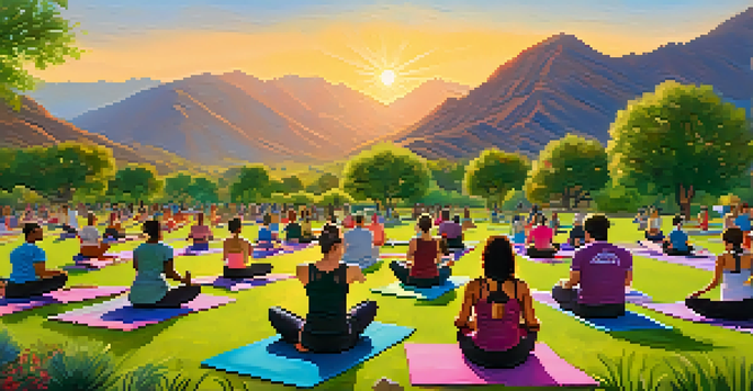 A diverse group of people participating in a sunrise yoga class in South Mountain Park, surrounded by greenery and mountains.
