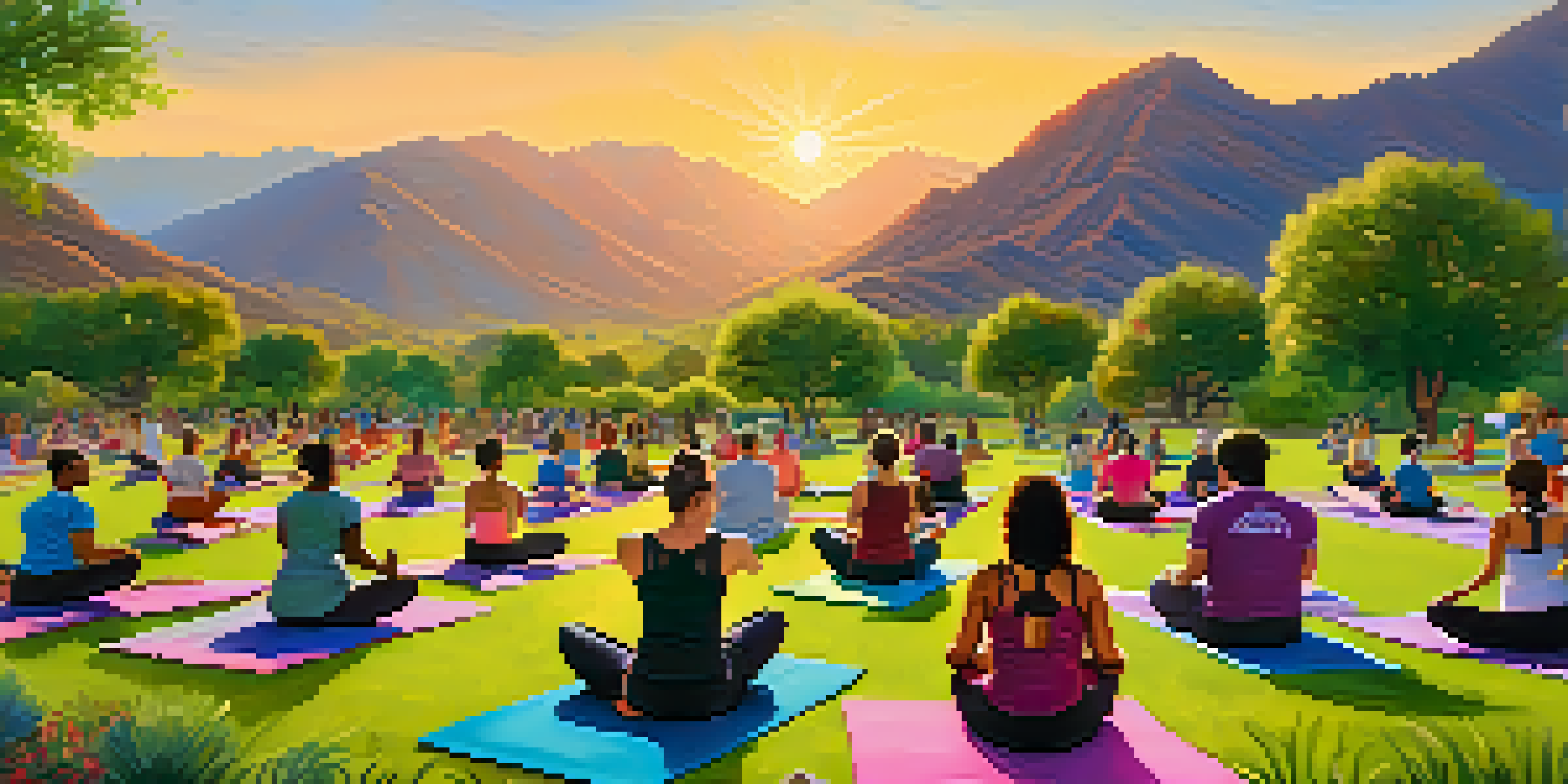 A diverse group of people participating in a sunrise yoga class in South Mountain Park, surrounded by greenery and mountains.