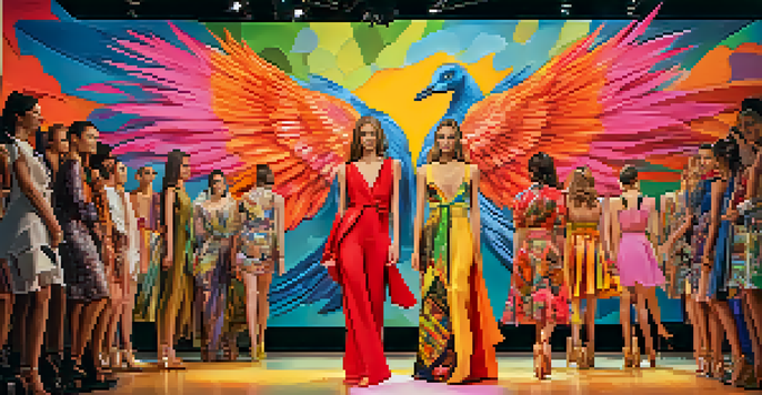A fashion show in Phoenix featuring models in colorful outfits inspired by local art, with a mural backdrop and artistic installations.