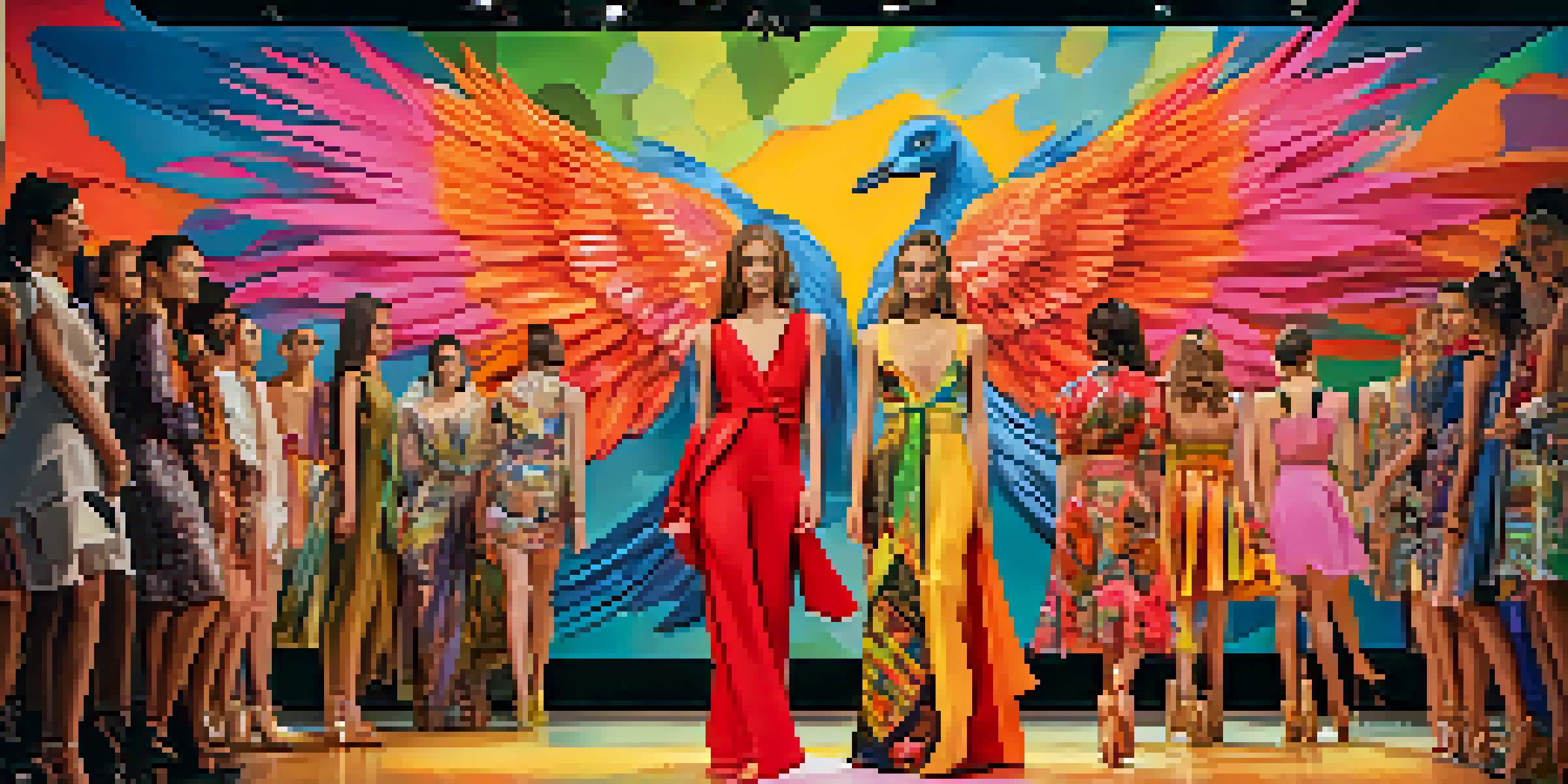 A fashion show in Phoenix featuring models in colorful outfits inspired by local art, with a mural backdrop and artistic installations.