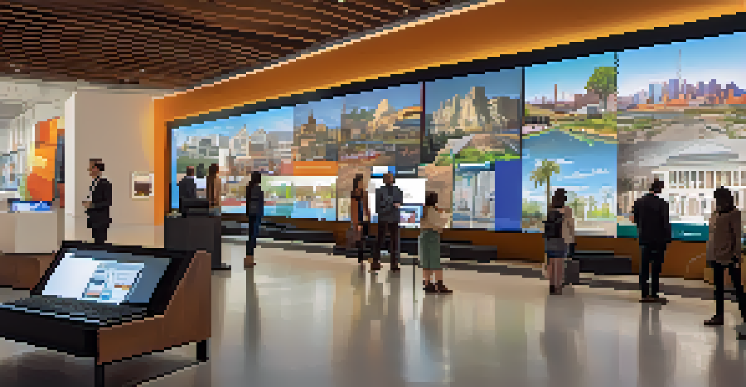 A modern archive space featuring a digital exhibit of Phoenix's history, with people using tablets and laptops to engage with interactive displays in a bright and contemporary setting.