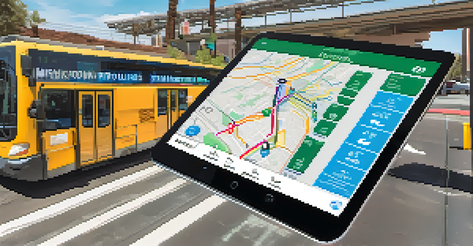 A mobile app interface displaying real-time public transit options, featuring electric buses, ride-sharing, and bike rentals with a colorful map of Phoenix in the background.