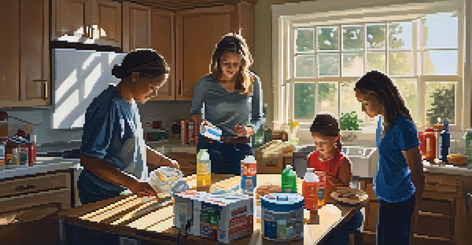 A family assembling an emergency flood kit at home, with food and supplies on the kitchen table.