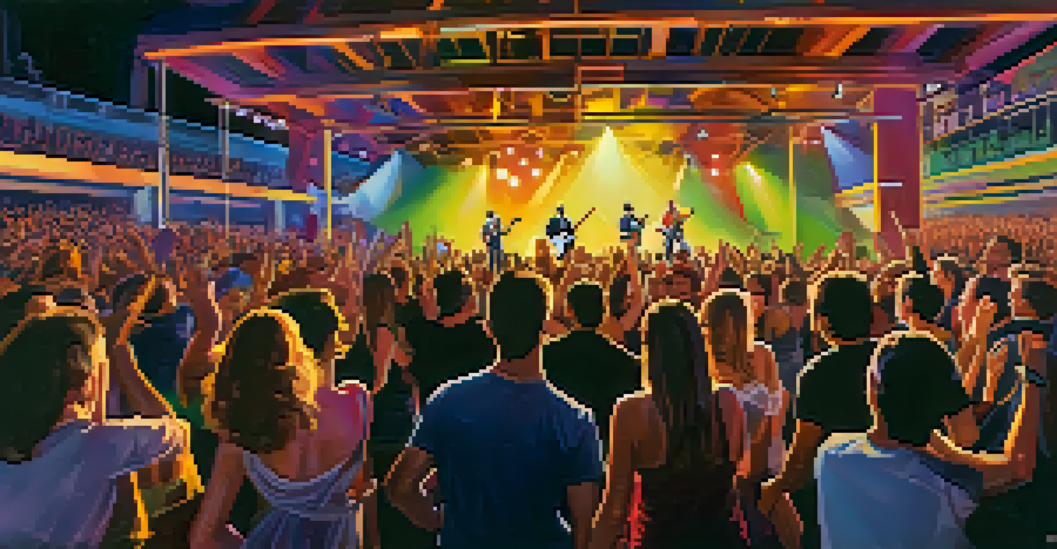 A modern concert venue filled with a lively crowd enjoying a music performance under colorful lights.