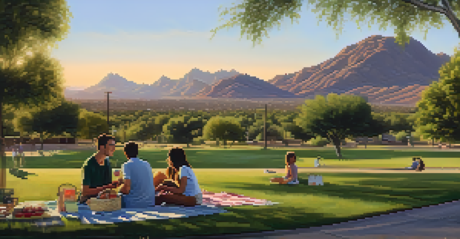 A family having a picnic in a Phoenix park during the evening, with a sunset backdrop.