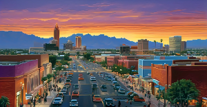 A panoramic view of Phoenix's skyline at sunset with orange and purple hues in the sky, modern skyscrapers, and a bustling street scene with people and shops.