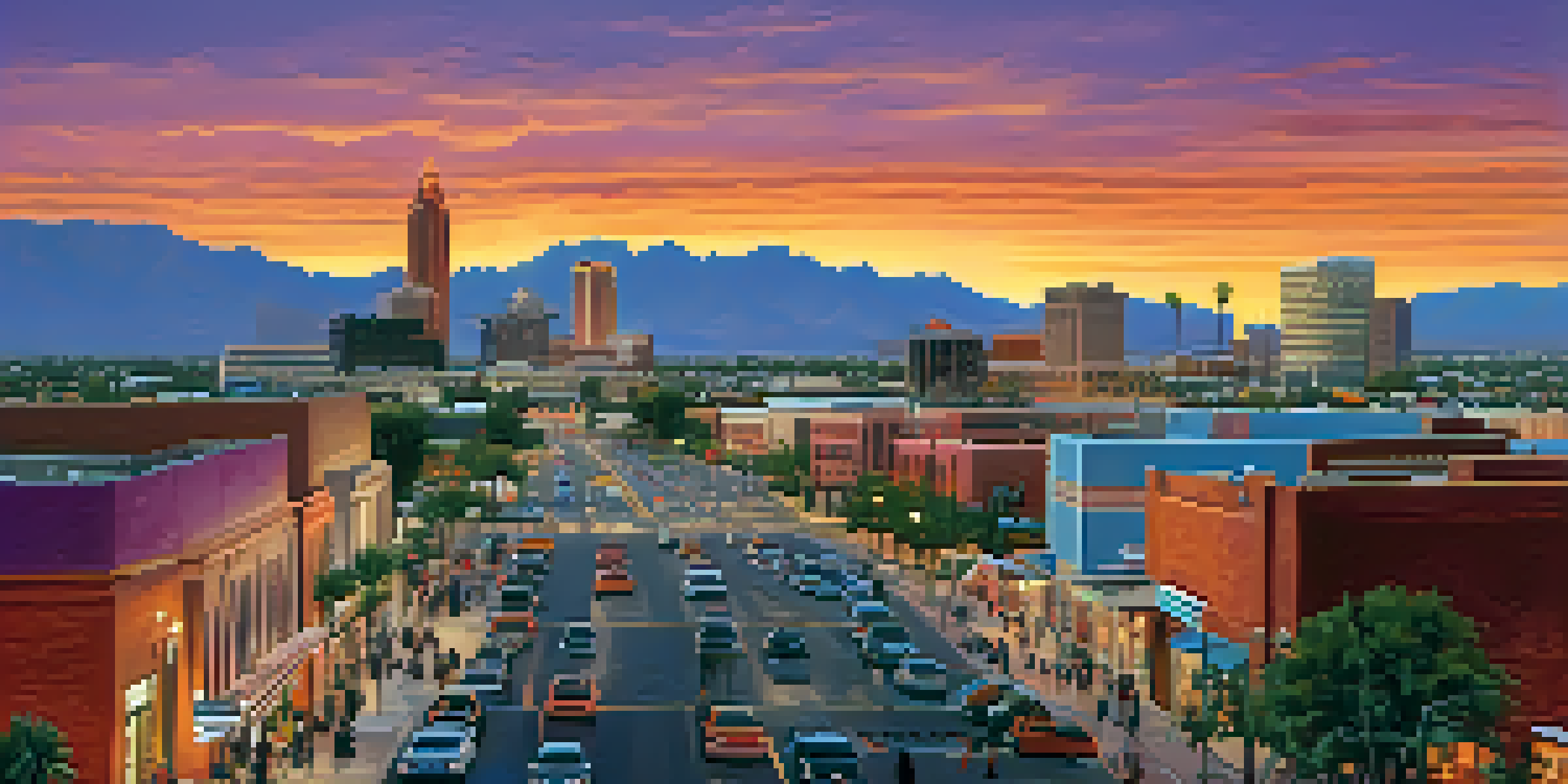 A panoramic view of Phoenix's skyline at sunset with orange and purple hues in the sky, modern skyscrapers, and a bustling street scene with people and shops.