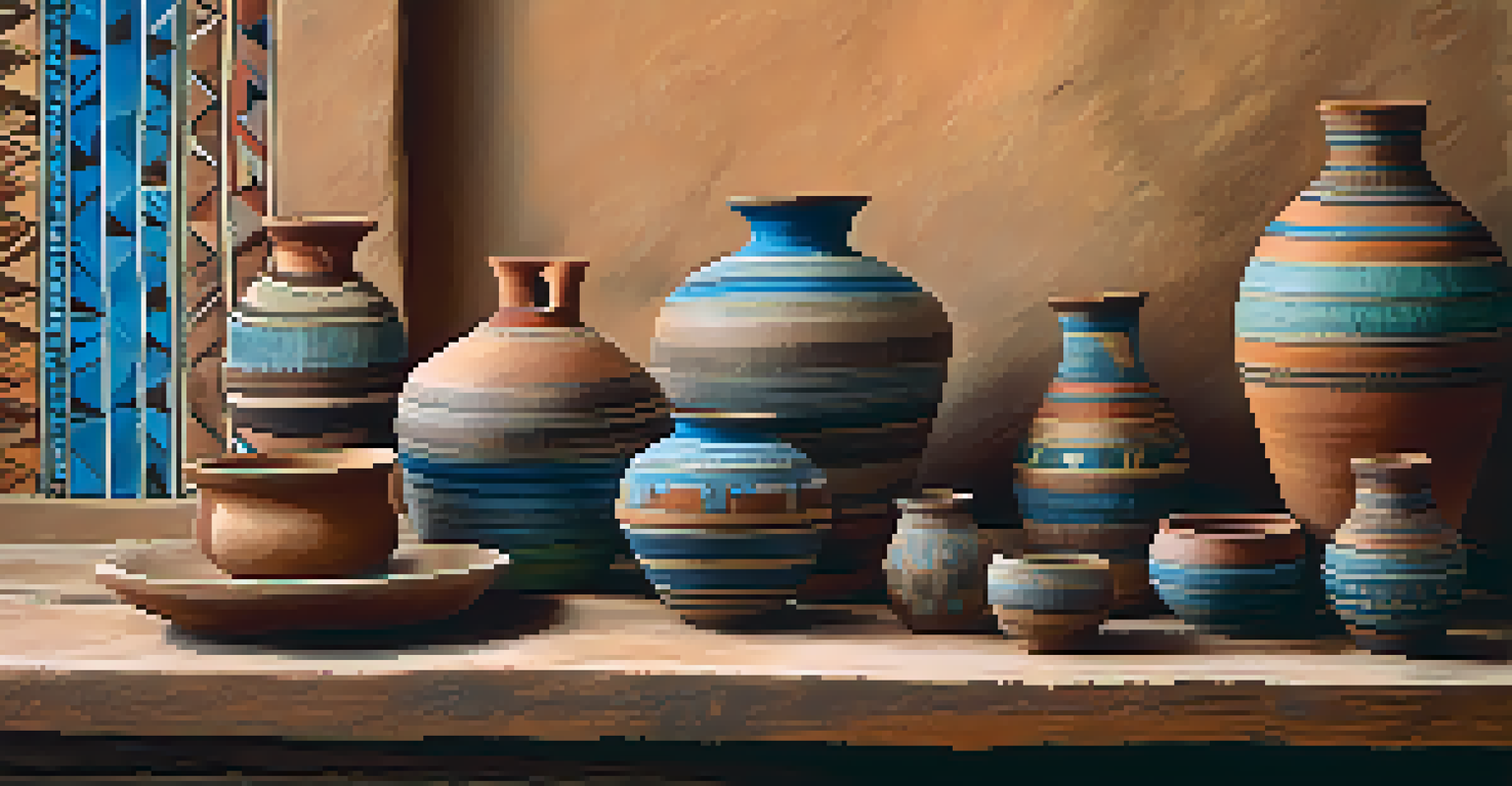 A rustic table displaying Hohokam pottery with intricate designs and vibrant colors, illuminated by soft natural light.