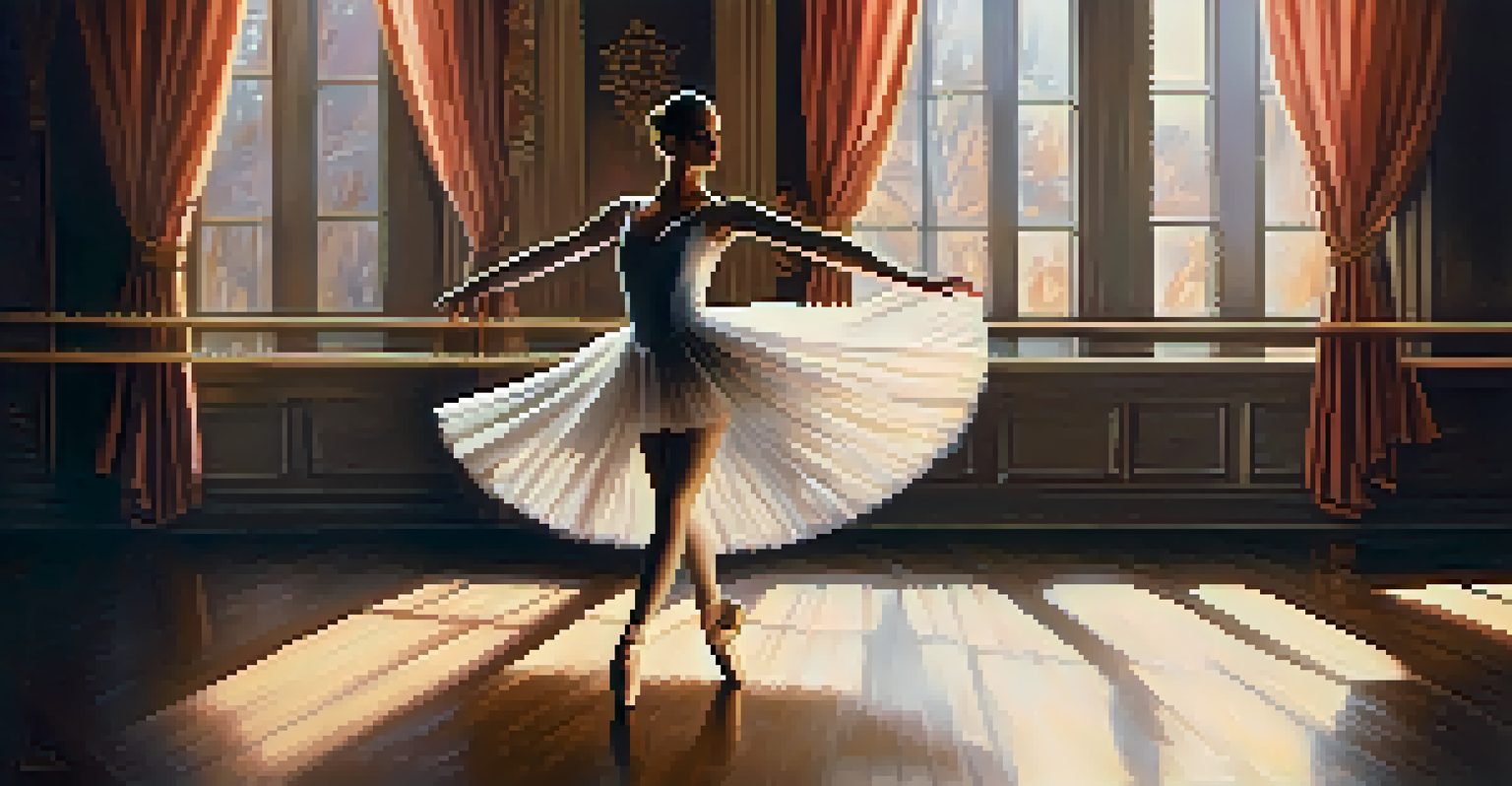 A ballerina performing on stage with flowing curtains and a spotlight, showcasing grace and elegance.