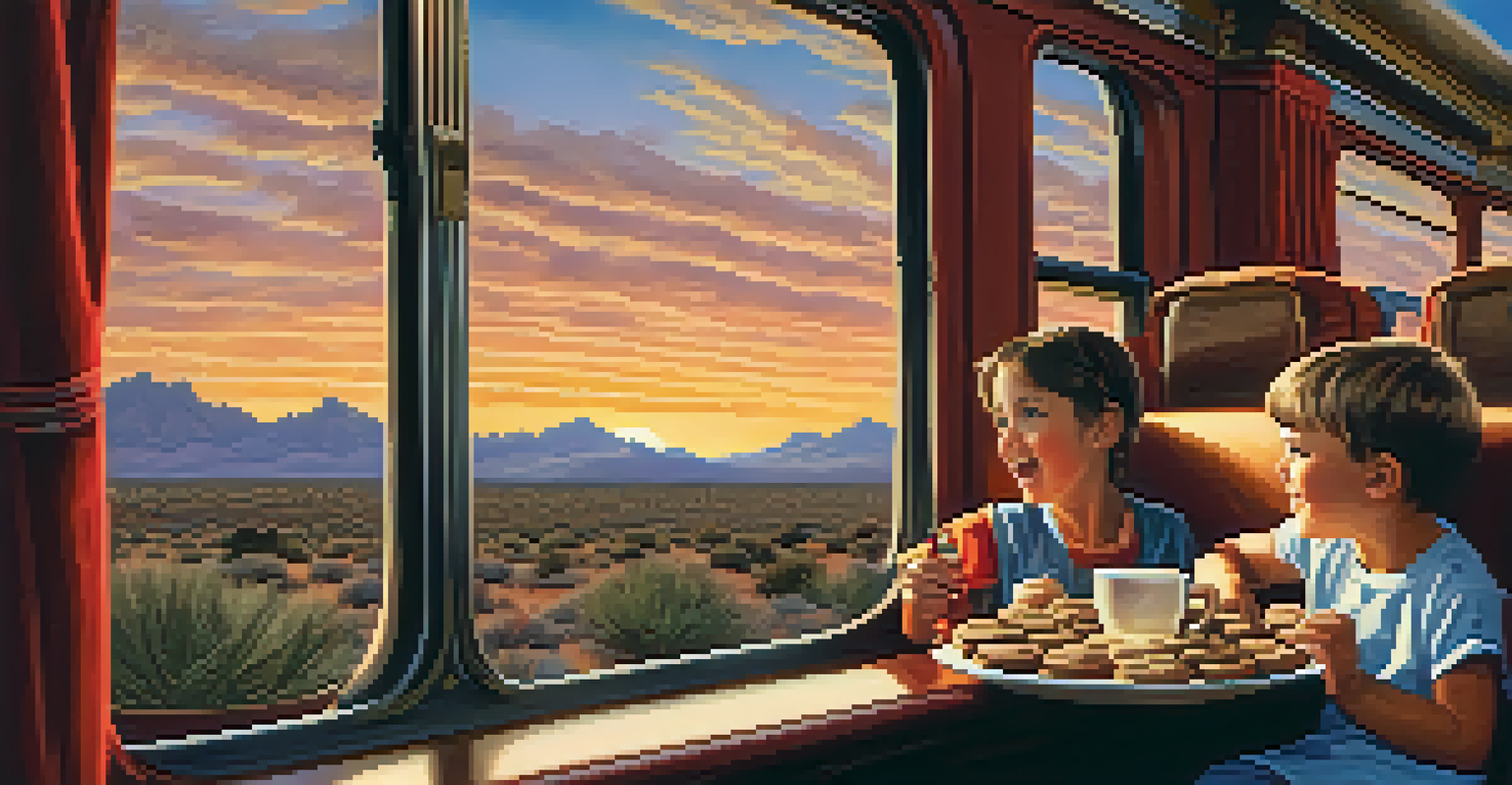 A family on the Polar Express Train Ride in Phoenix, with children holding treats while looking out the window at a sunset desert landscape.