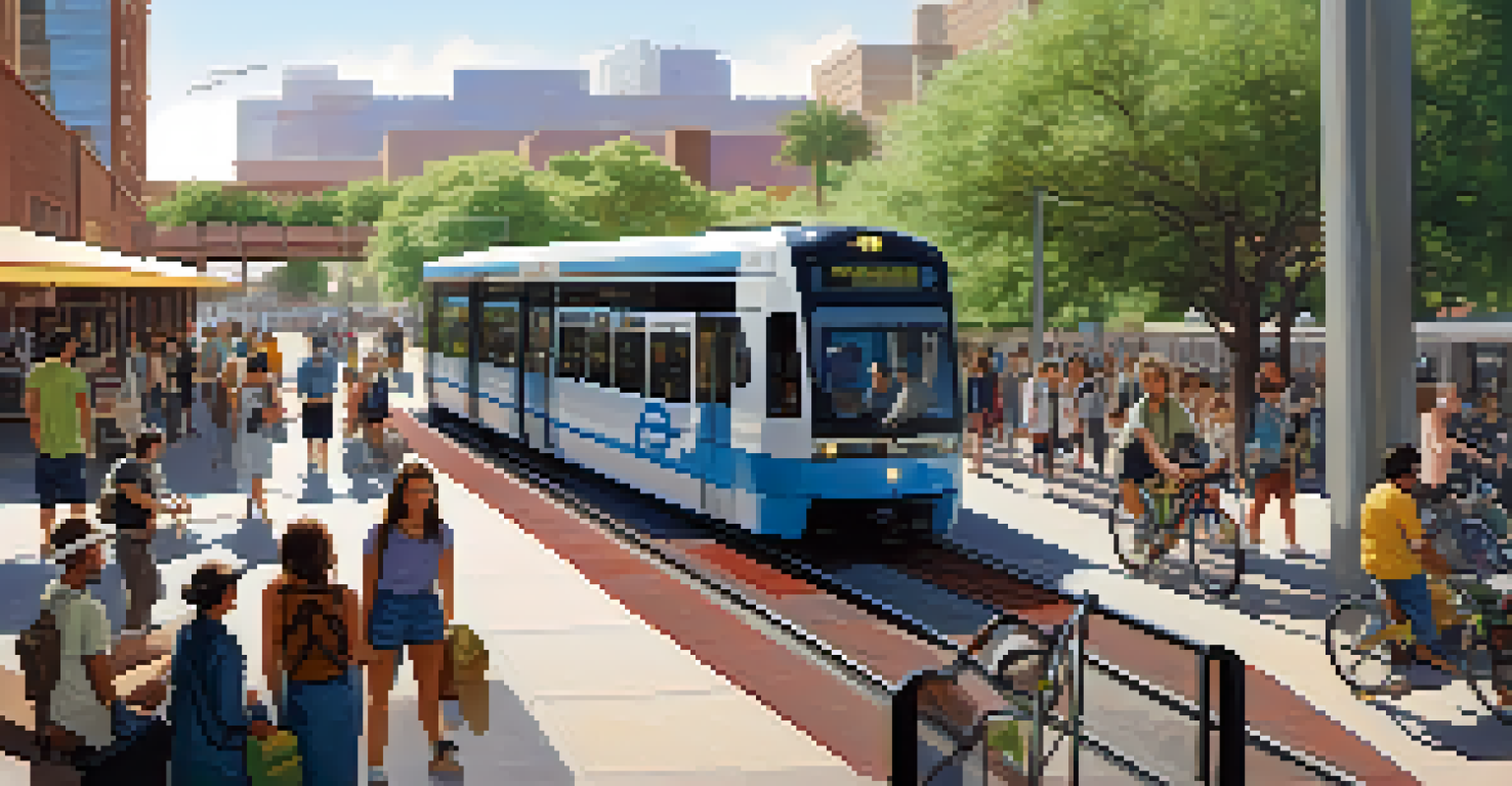 A lively public transportation scene in Phoenix with a modern light rail train, people waiting at the station surrounded by greenery and art.